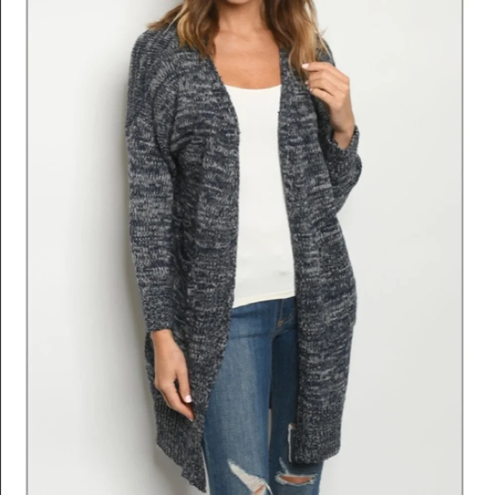 Navy Long Open Front Cardigan Sweater - Picture 10 of 11